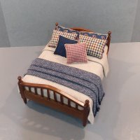 Walnut Spindle Bed-Tan Linen/Navy Paisley