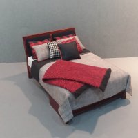 Modern Bed - Grey Linen/Red Accents