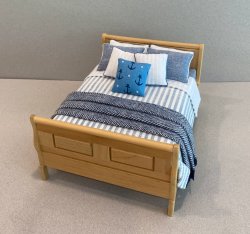 Oak Sleigh Bed - Denim/White Stripe