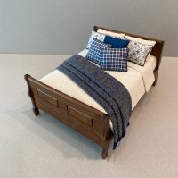 Walnut Sleigh Bed - Ivory leaf/Navy accents