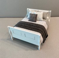 White Sleigh Bed-White/Grey Squares & Silver Accents