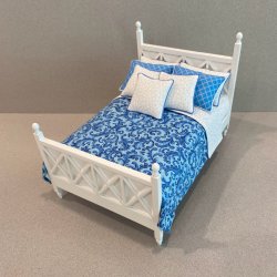 Ashley White Bed- Blue Scroll Design