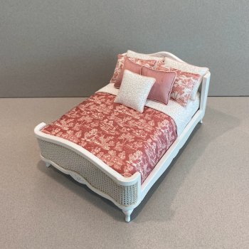 White Cane Accent Bed-Deep Rose/white Toile