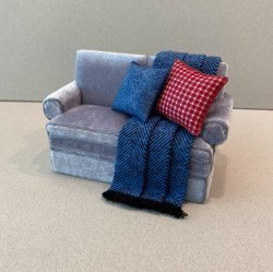 Grey Loveseat/Blue & Red accents