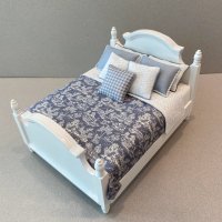 White Panel Queen Bed-Steel Blue Toile